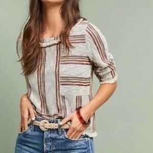 Current Air Anthro Woven Fringe Striped Shirt 3/4 Sleeves Sz Medium